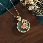 Jade Carved Flower Pendant Necklace Charm 18K Gold Plated Chain Dainty Gemstone