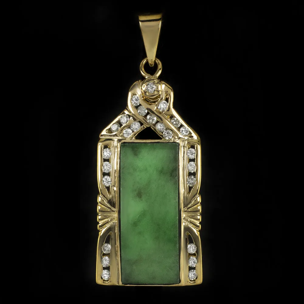 JADE DIAMOND PENDANT 18k YELLOW GOLD NATURAL ESTATE RECTANGLE CABOCHON NECKLACE