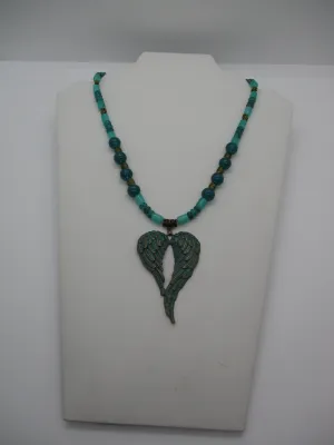 Jade Green Glass Beads Bronze Beads Bronze Jade Angel Wings Pendant Necklace (N1358)