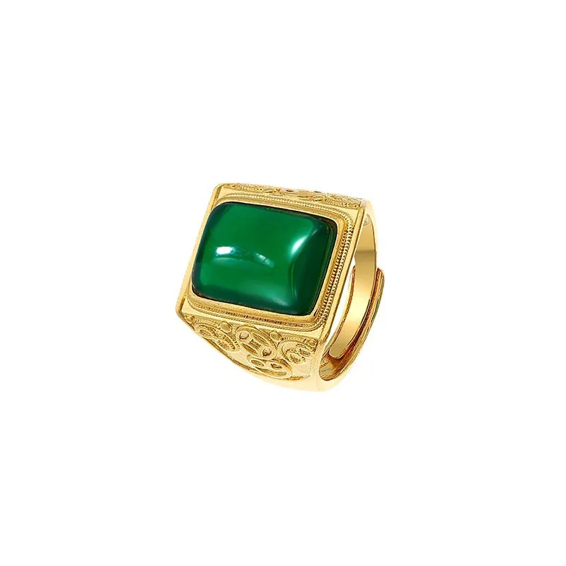 Jewelry Plated 24K Gold Open Ring Trendy Men's Artificial Gemstone Emerald Domineering Ring