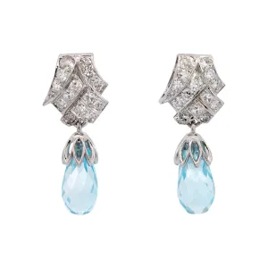 Late Art Deco Platinum Aquamarine Briolette   Diamond Earrings