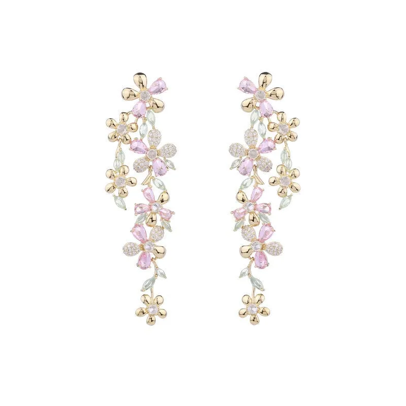 Long Pink or Purple Flowers Zirconia Crystals Dangle Earrings