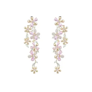 Long Pink or Purple Flowers Zirconia Crystals Dangle Earrings