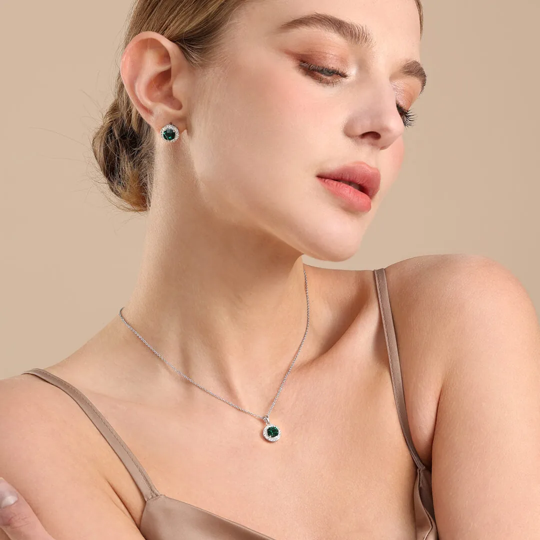 May Emerald-Colour Birthstone Necklace & Earring Set In Silver-Tone