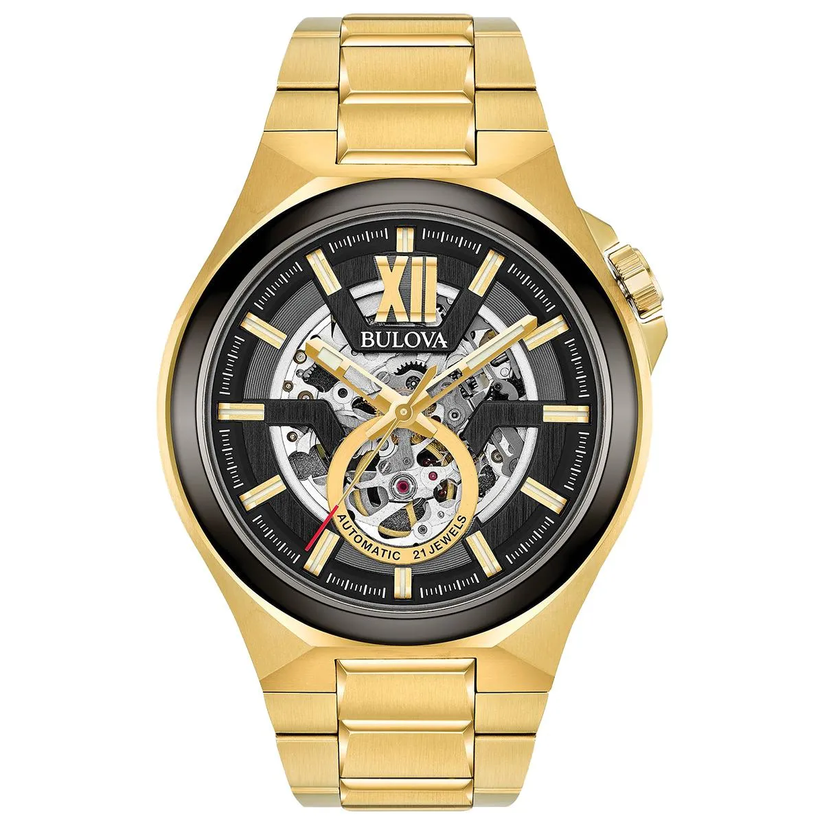 MEN'S GOLD-TONE STEEL BULOVA MAQUINA WATCH WITH BLACK DIAL