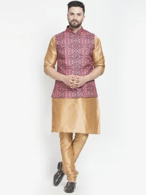 Men's Silk Blend Copper Kurta With Pyjama & Coral Red Printed Nehru Jacket - Benstoke