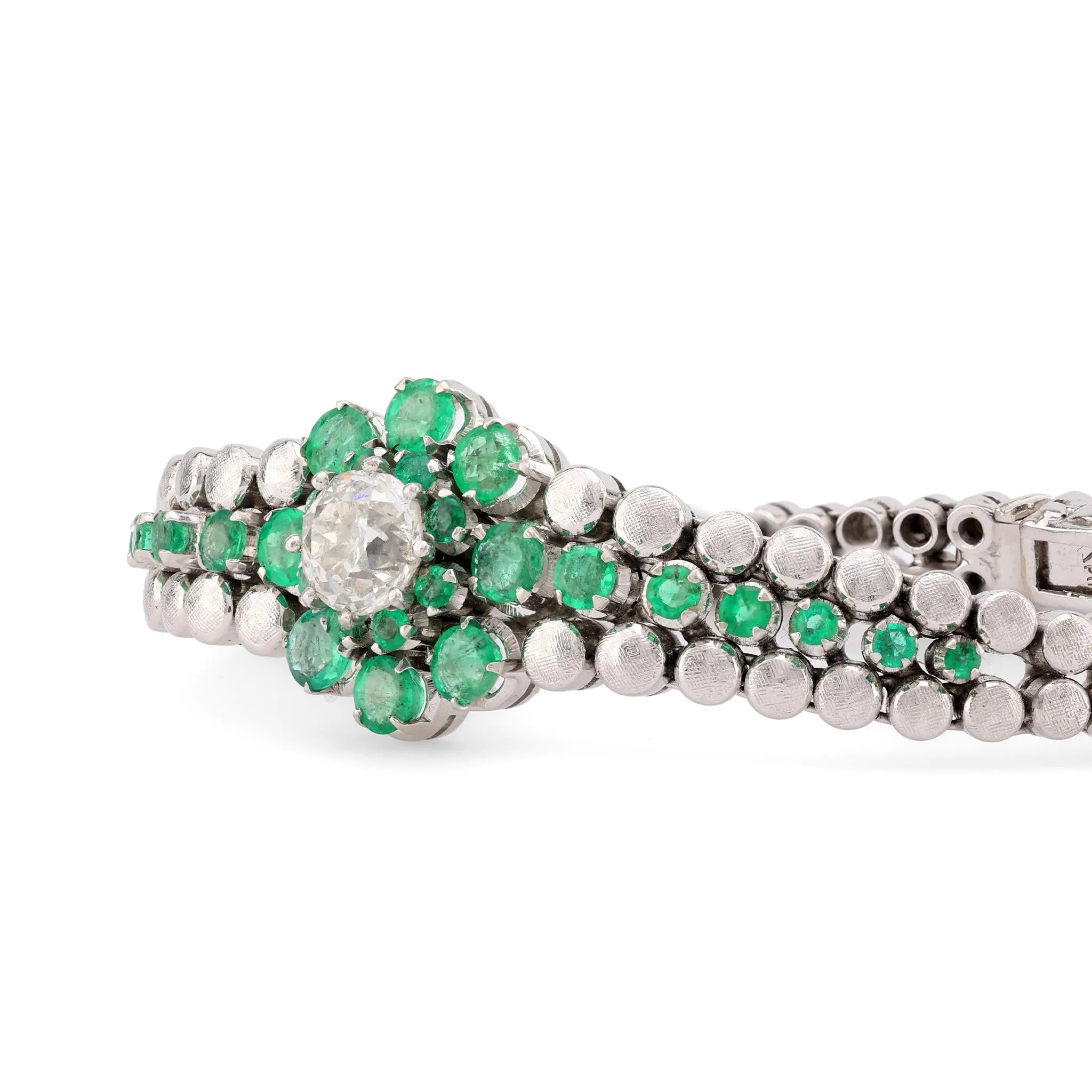 Mid Century Diamond Emerald 18K White Gold Floral Bracelet