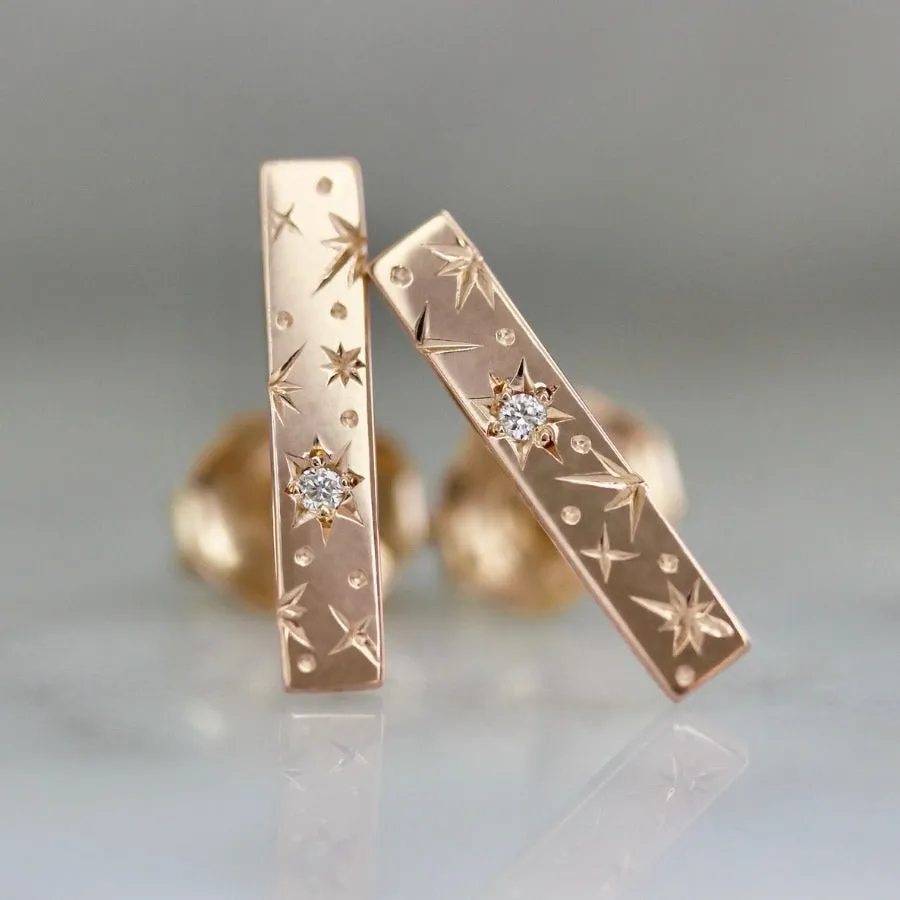 Orion Star Engraved Diamond Bar Earrings