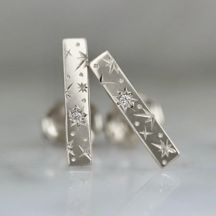 Orion Star Engraved Diamond Bar Earrings