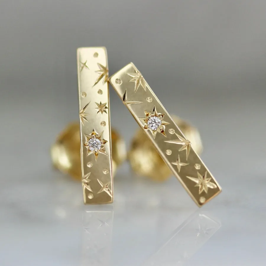 Orion Star Engraved Diamond Bar Earrings