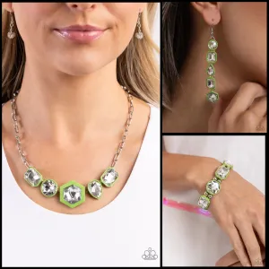 Paparazzi Evolving Elegance Necklace Green, Developing Dignity Earrings Green & Transforming Taste Bracelet Green