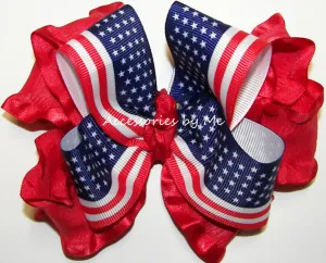 Patriotic USA Flag Ruffle Hair Bow