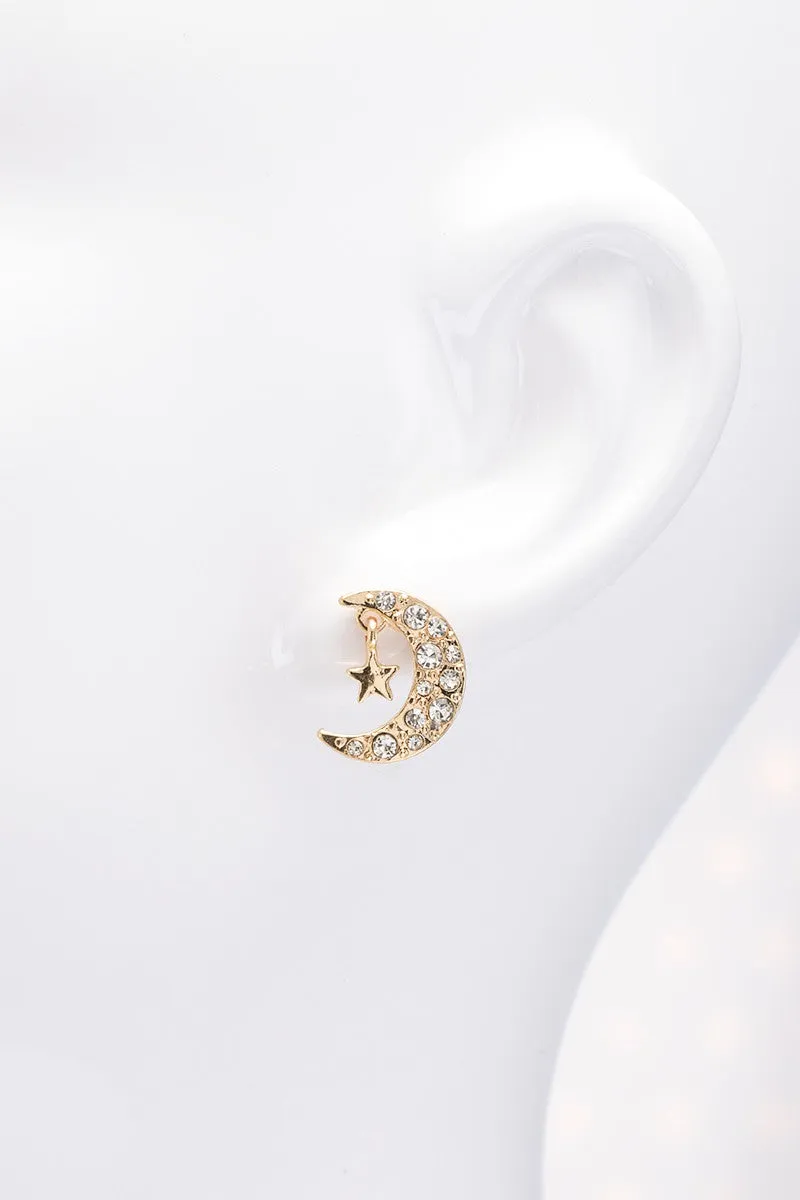 Pave Rhinestone Moon & Hanging Star Stud Earrings- Gold