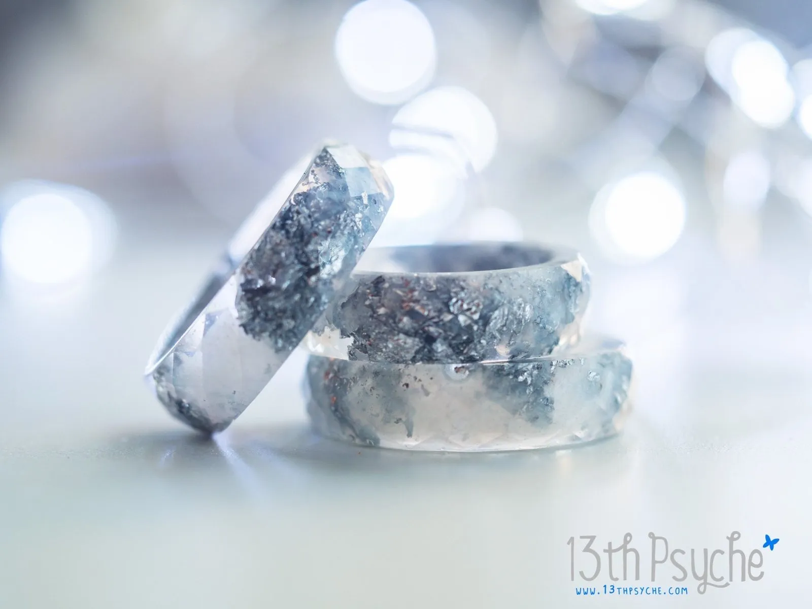 Pearl white and silver flakes faceted resin ring