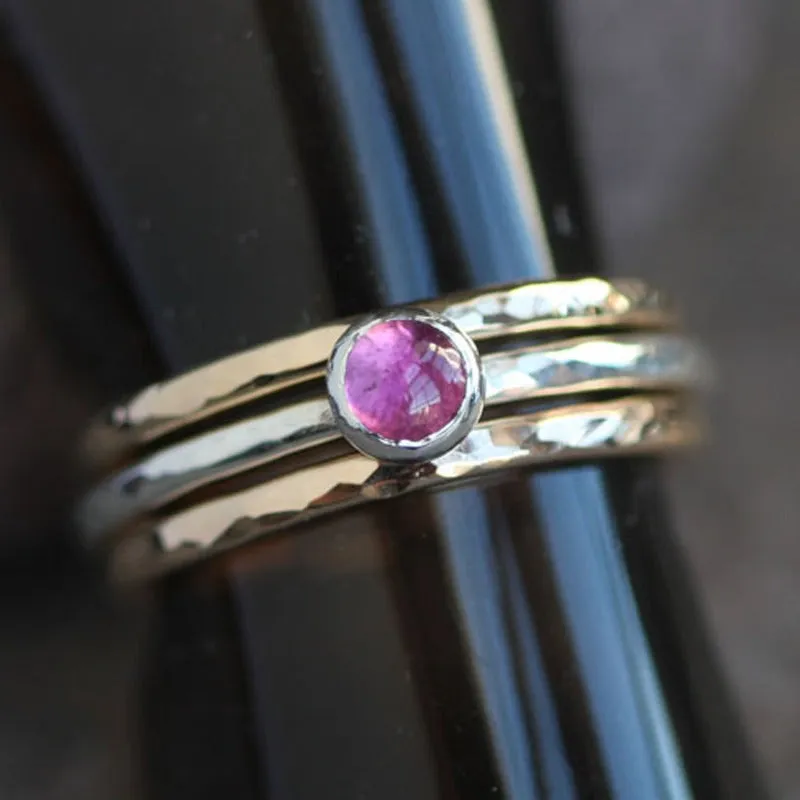 Pink Tourmaline and Hammered Silver Ring - PLUMERIA