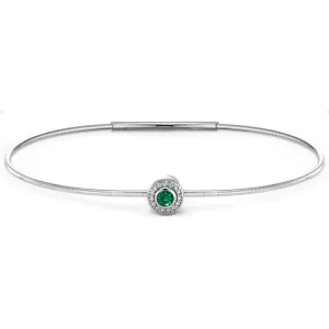 Platinum Finish Sterling Silver Round Simulated Emerald Birth Gem Bracelet with Simulated Diamonds