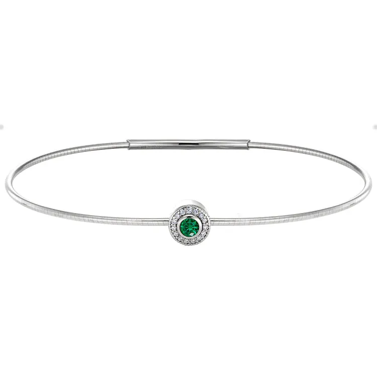 Platinum Finish Sterling Silver Round Simulated Emerald Birth Gem Bracelet with Simulated Diamonds