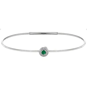 Platinum Finish Sterling Silver Round Simulated Emerald Birth Gem Bracelet with Simulated Diamonds