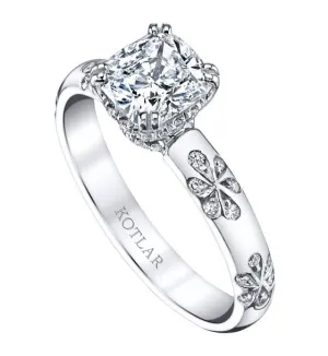 Platinum Floral Artisan Pave with a Cushion = 1.06ct and Mele = .028ct