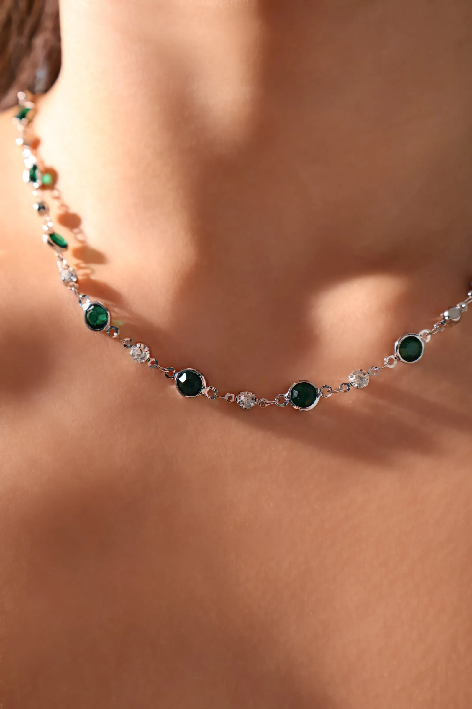 Platinum Plated Multi Green Gems Necklace