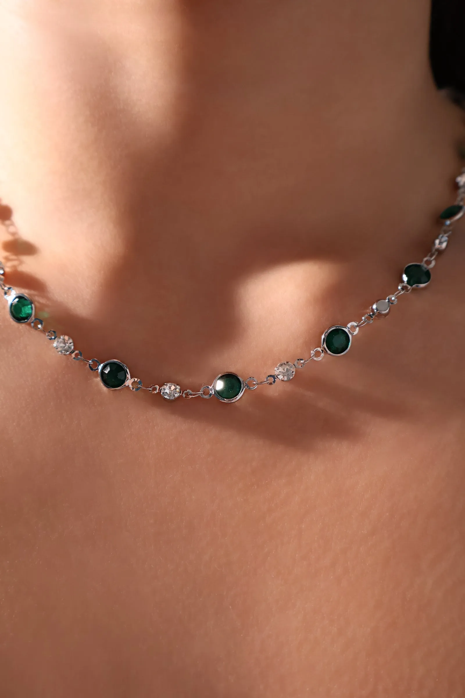 Platinum Plated Multi Green Gems Necklace