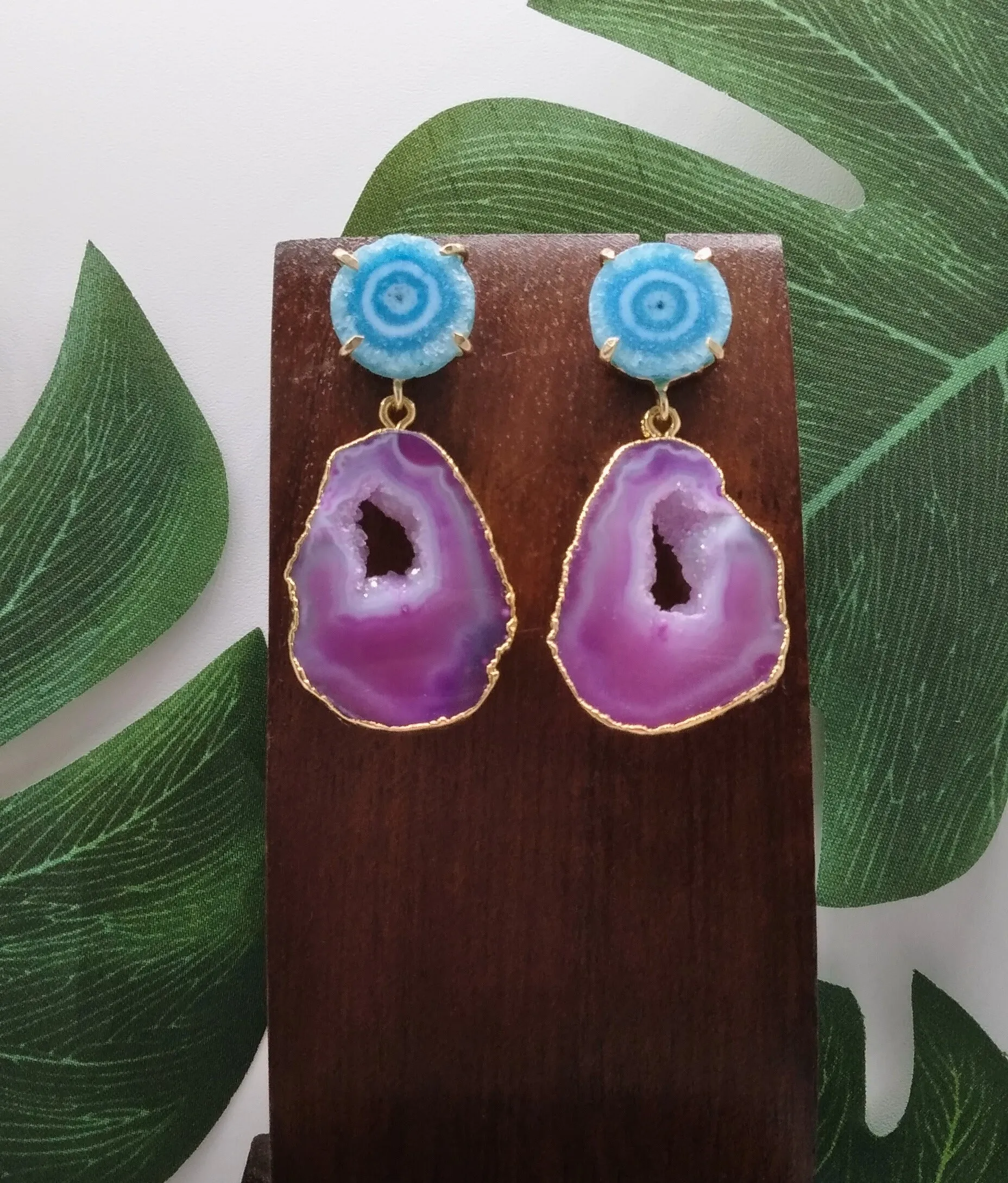 Purple Agate Slice and Sea Blue Solar Quartz Drop Earrings