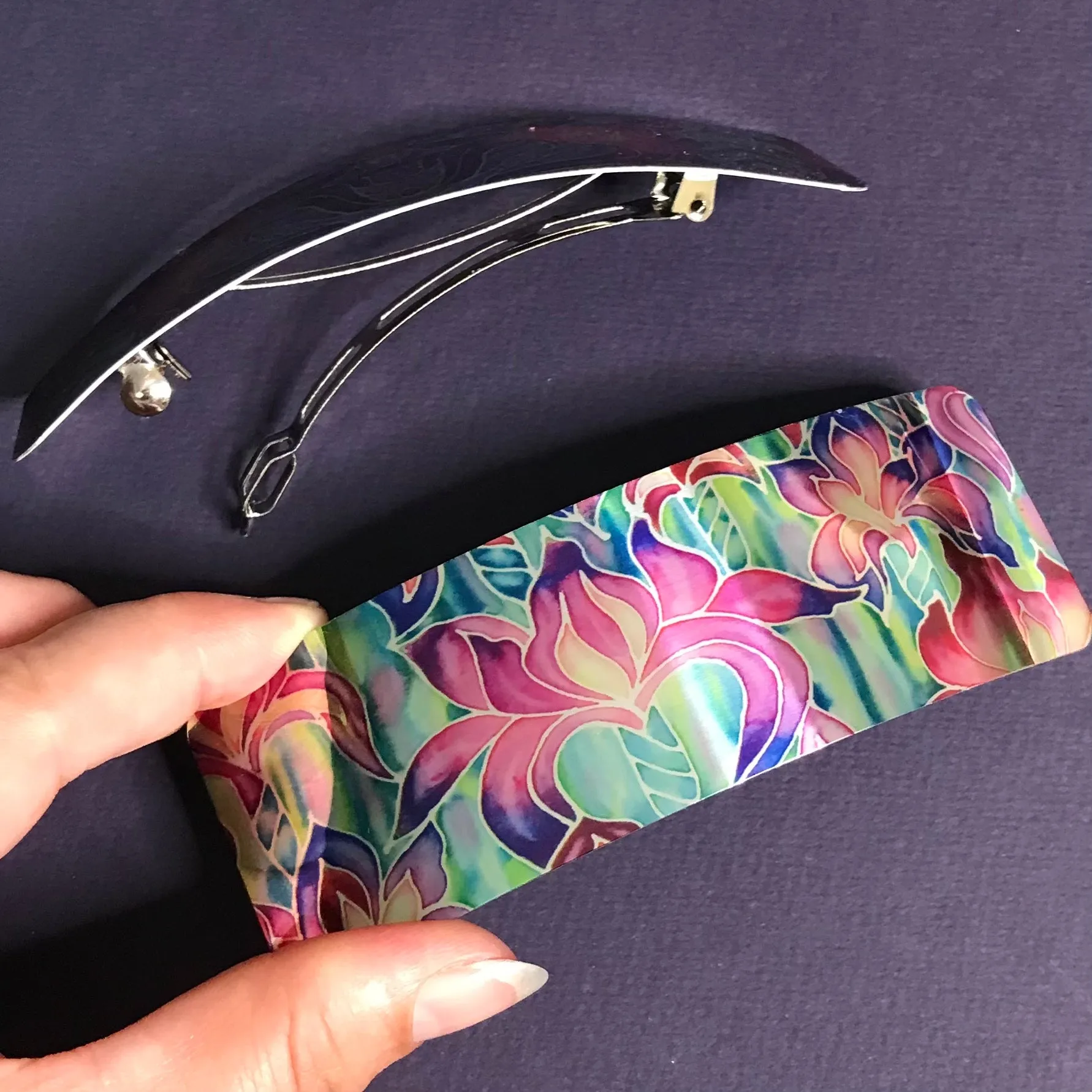 Purple Iris Large Hair Clip - Shiny Patterned Hair Barrette