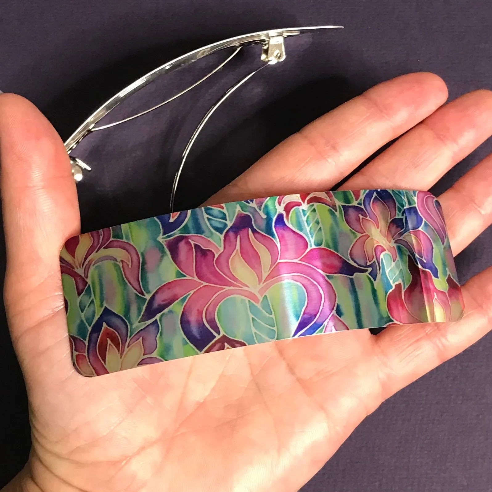 Purple Iris Large Hair Clip - Shiny Patterned Hair Barrette