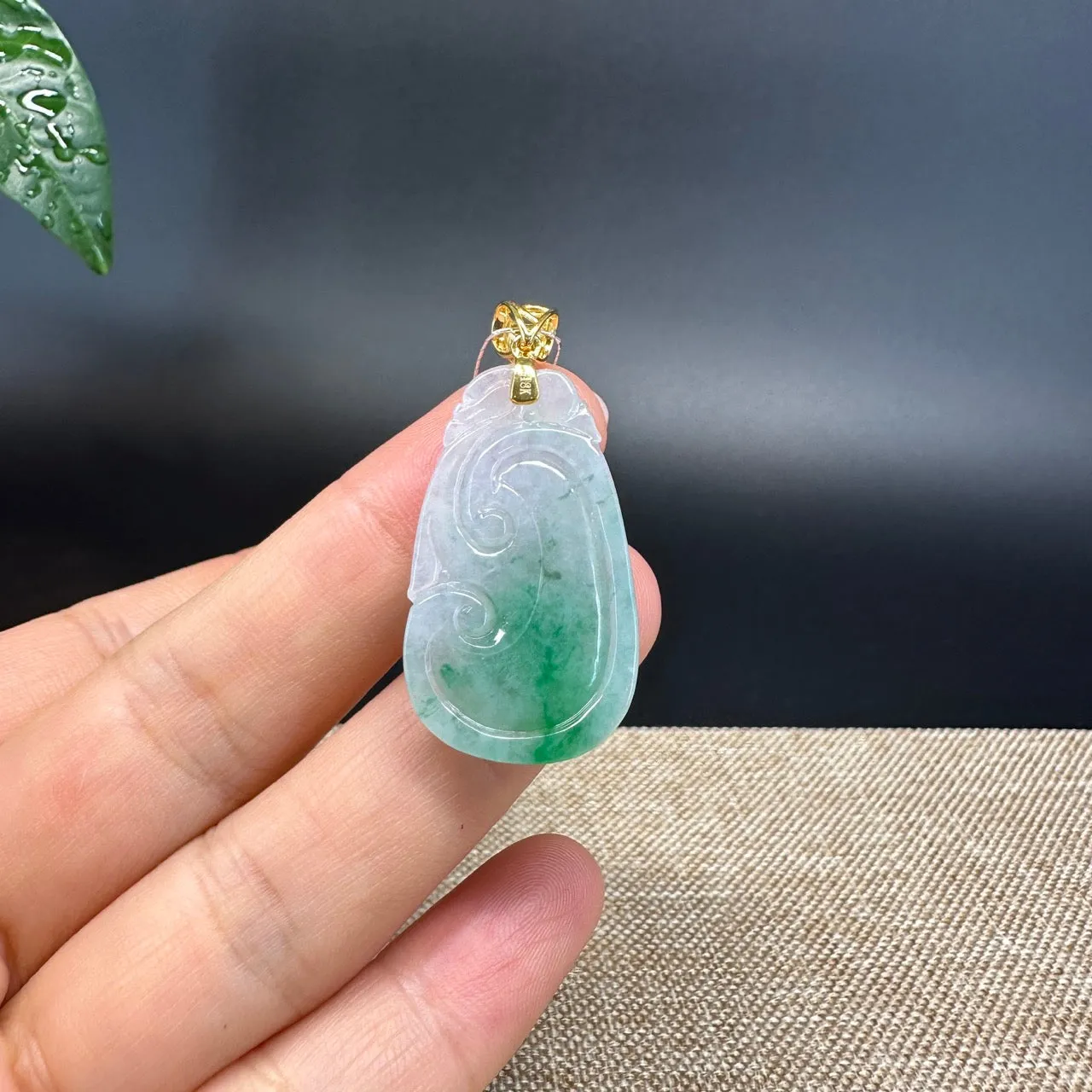 RealJade® Co. Genuine Ice Blue Green Jadeite Jade Good Ru Yi Bottle Gourd Necklace With 18K Yellow Gold Bail