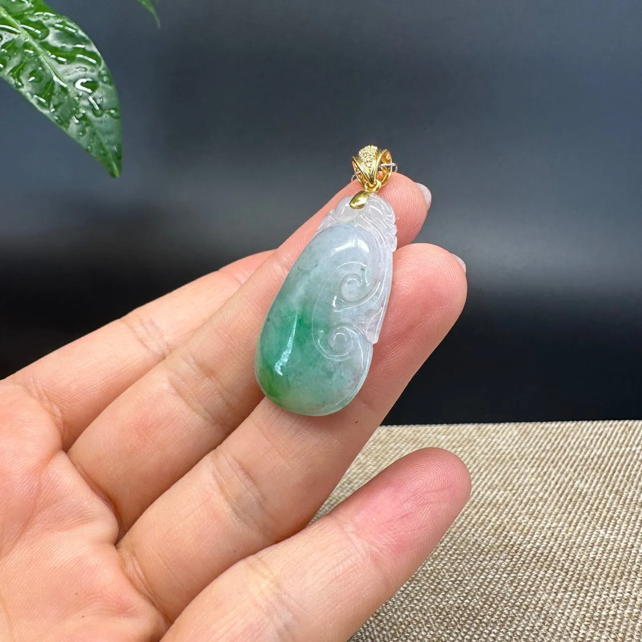 RealJade® Co. Genuine Ice Blue Green Jadeite Jade Good Ru Yi Bottle Gourd Necklace With 18K Yellow Gold Bail