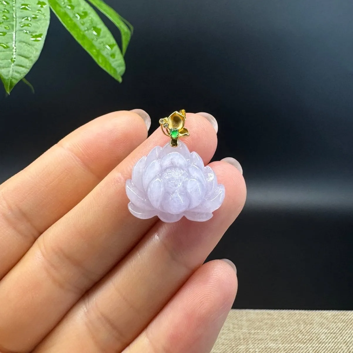 RealJade® Co. Genuine Lavender Jadeite Jade Good Lotus Necklace With 18K Yellow Gold Bail