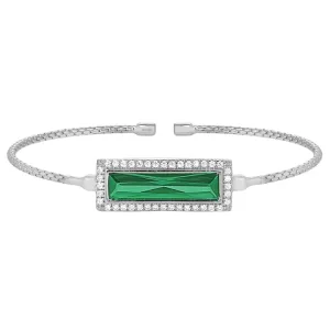 Rhodium Finish Sterling Silver Cable Cuff Bracelet with Rectangular Simulated Emerald Stone and Simulated Diamonds