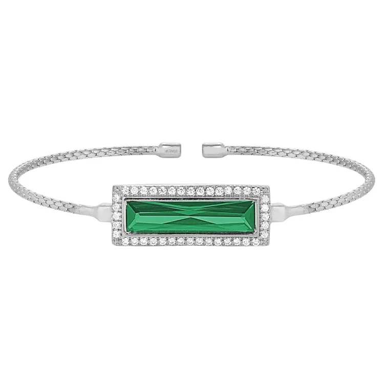 Rhodium Finish Sterling Silver Cable Cuff Bracelet with Rectangular Simulated Emerald Stone and Simulated Diamonds