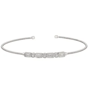 Rhodium Finish Sterling Silver Cable Cuff Bracelet with Simulated Diamond Emerald & Round Design