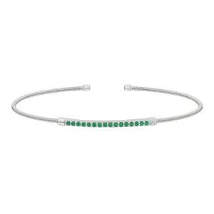 Rhodium Finish Sterling Silver Cable Cuff Bracelet with Simulated Emerald Birth Gems - May