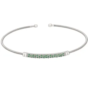 Rhodium Finish Sterling Silver Cable Cuff Bracelet with Three Rows of Simulated Emerald Birth Gems - May