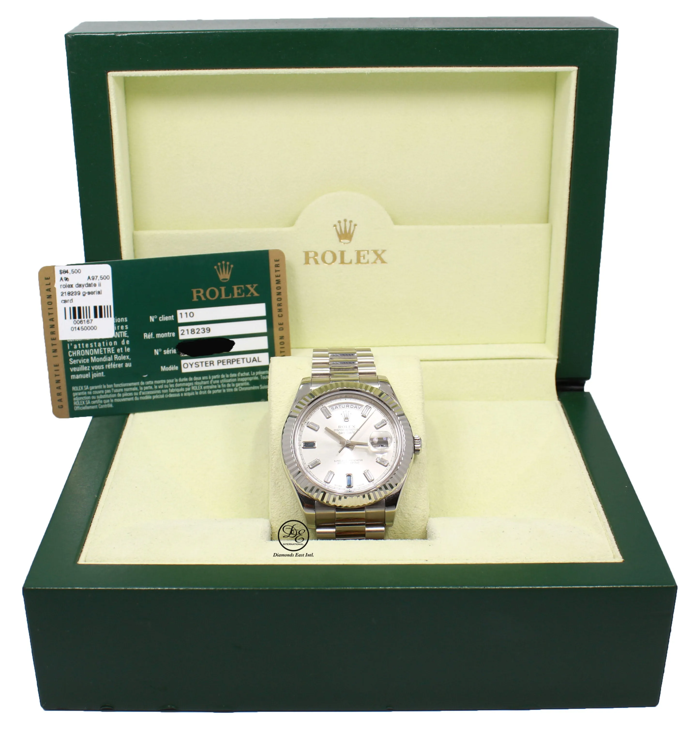 ROLEX Day Date II President 218239 18k White Gold FACTORY Sapphire Diamond Dial BOX/PAPER