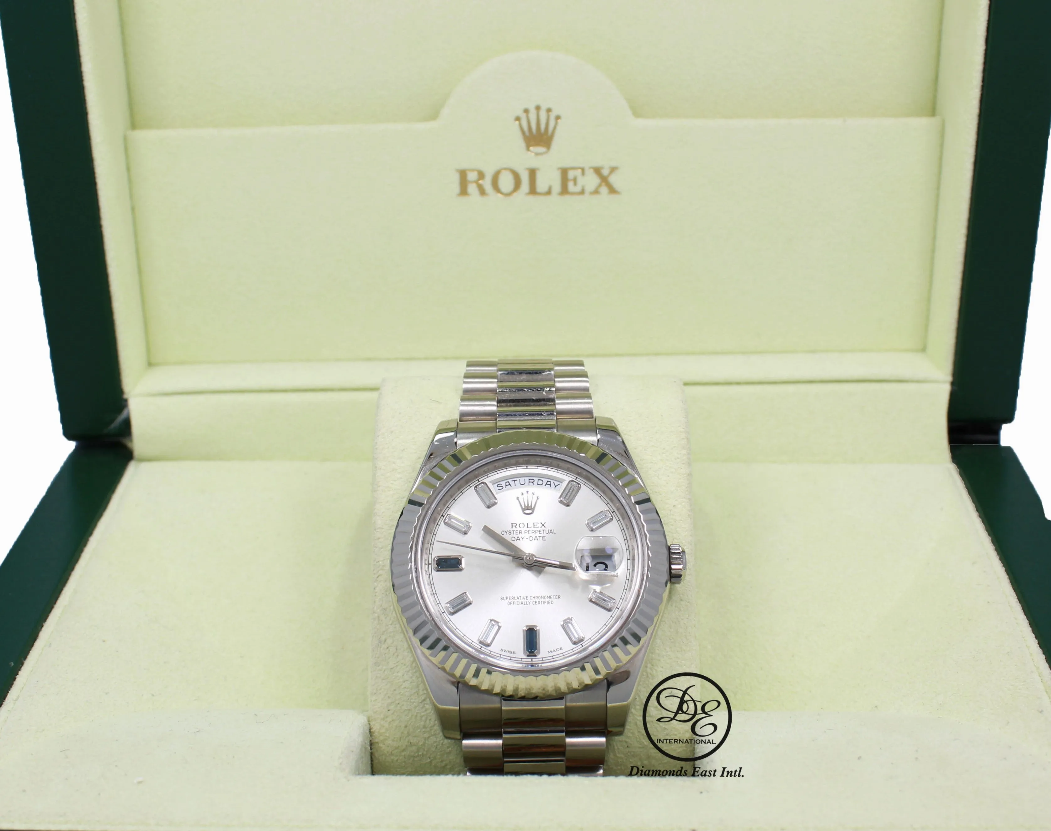 ROLEX Day Date II President 218239 18k White Gold FACTORY Sapphire Diamond Dial BOX/PAPER