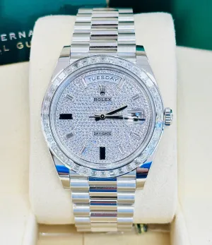 Rolex Platinum Day-Date 40 228396TBR Factory Paved Diamond Sapphire Dial Baguette Diamond Bezel Box/Papers MINT