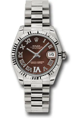 Rolex White Gold Datejust 31 Watch - Fluted Bezel - Bronze Diamond Roman Vi Roman Dial - President Bracelet 178279 brdrp