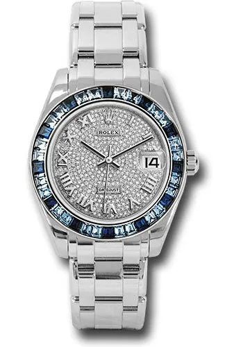 Rolex White Gold Datejust Pearlmaster 34 Watch - 12 Blue And 24 Light-Blue Sapphire Baguettes Bezel - Diamond Paved Roman Dial - 81349SA dpr