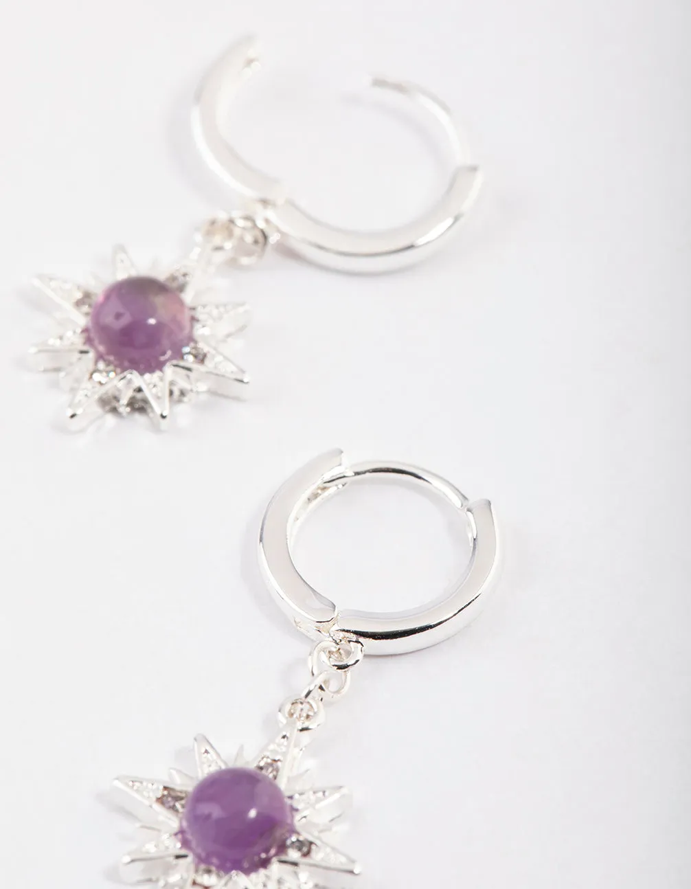 Silver Amethyst Starburst Huggie Earrings