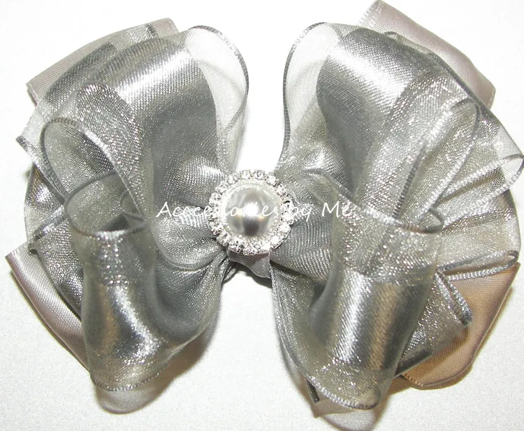 Silver Satin Pearl Rhinestone Hair Bow