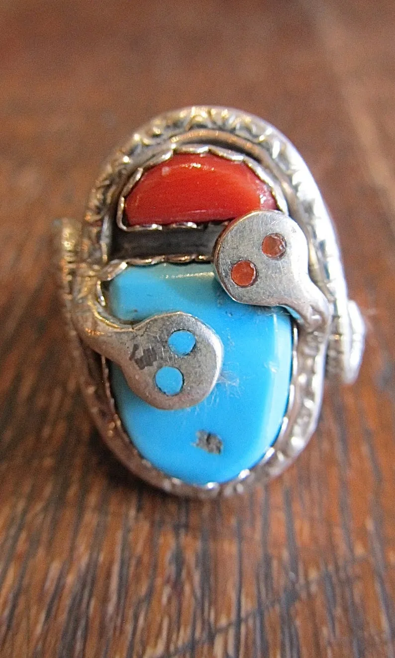 SNAKE CHARMER Zuni Silver, Turquoise, and Coral Chunky Mens Ring, Sz 11 1/4