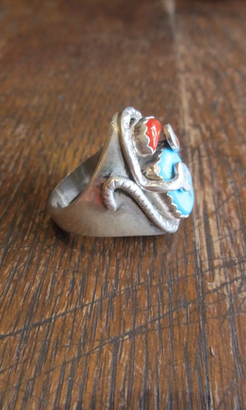 SNAKE CHARMER Zuni Silver, Turquoise, and Coral Chunky Mens Ring, Sz 11 1/4