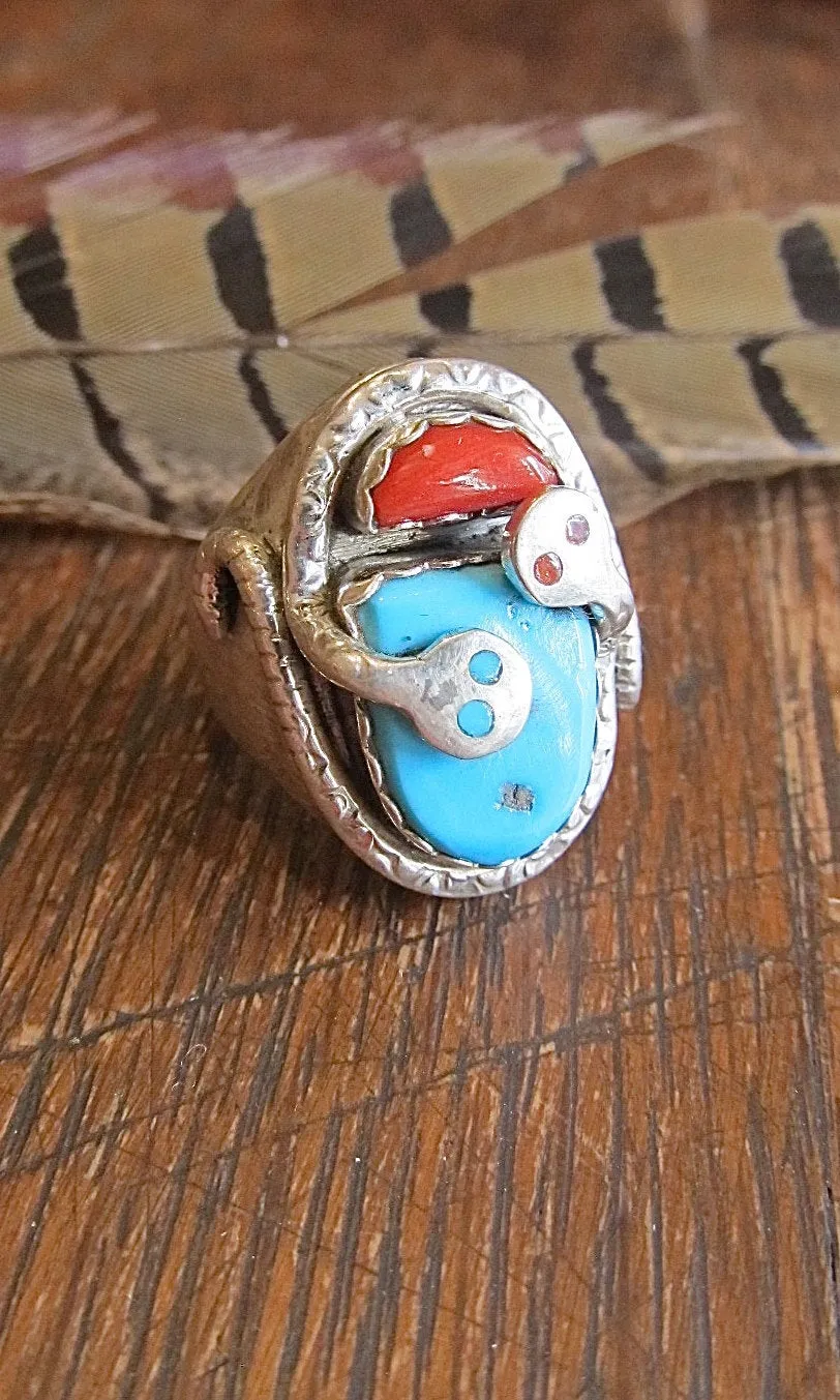 SNAKE CHARMER Zuni Silver, Turquoise, and Coral Chunky Mens Ring, Sz 11 1/4