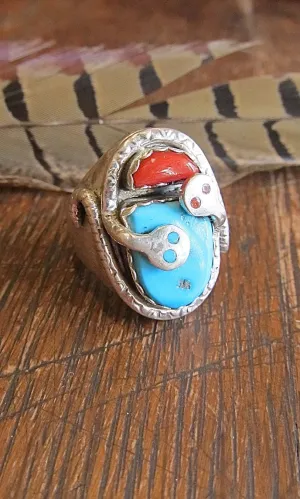 SNAKE CHARMER Zuni Silver, Turquoise, and Coral Chunky Mens Ring, Sz 11 1/4