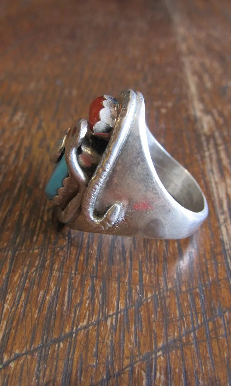 SNAKE CHARMER Zuni Silver, Turquoise, and Coral Chunky Mens Ring, Sz 11 1/4