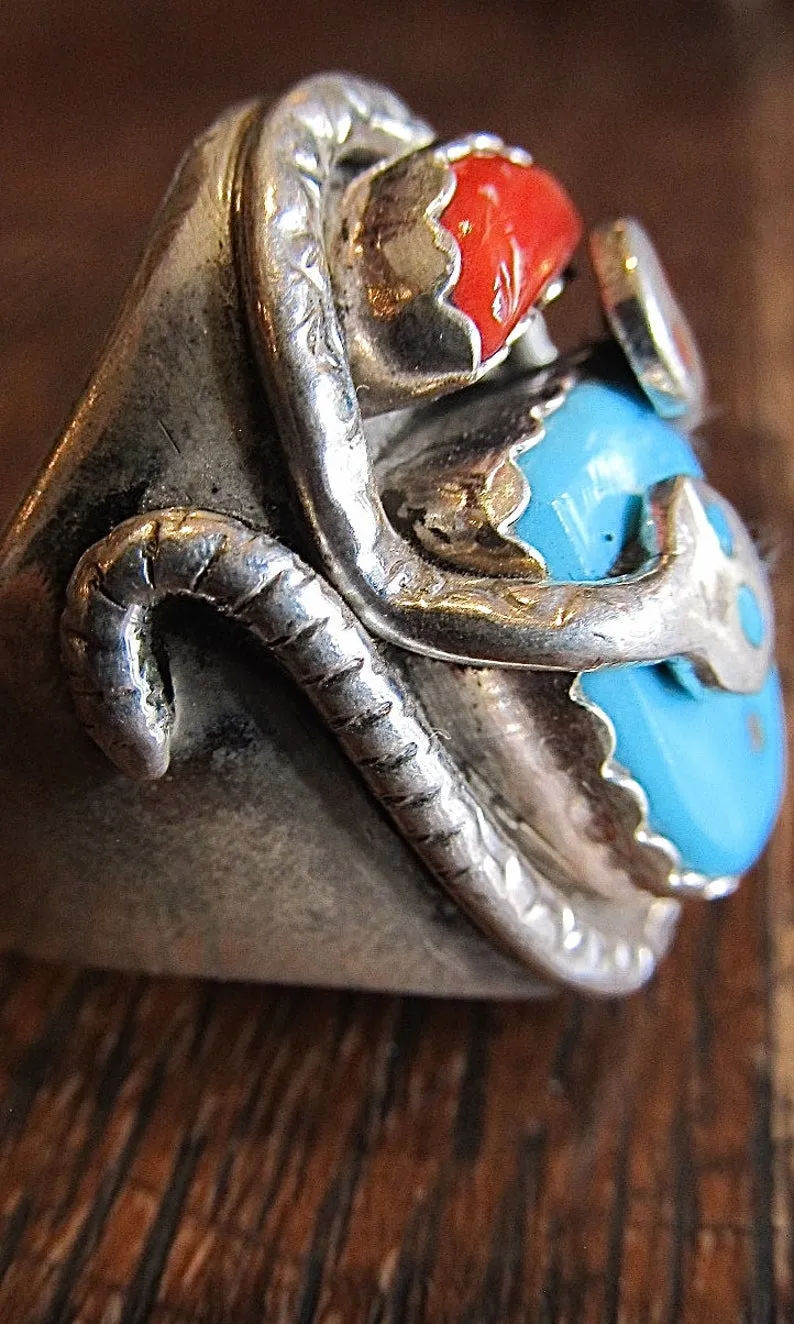 SNAKE CHARMER Zuni Silver, Turquoise, and Coral Chunky Mens Ring, Sz 11 1/4