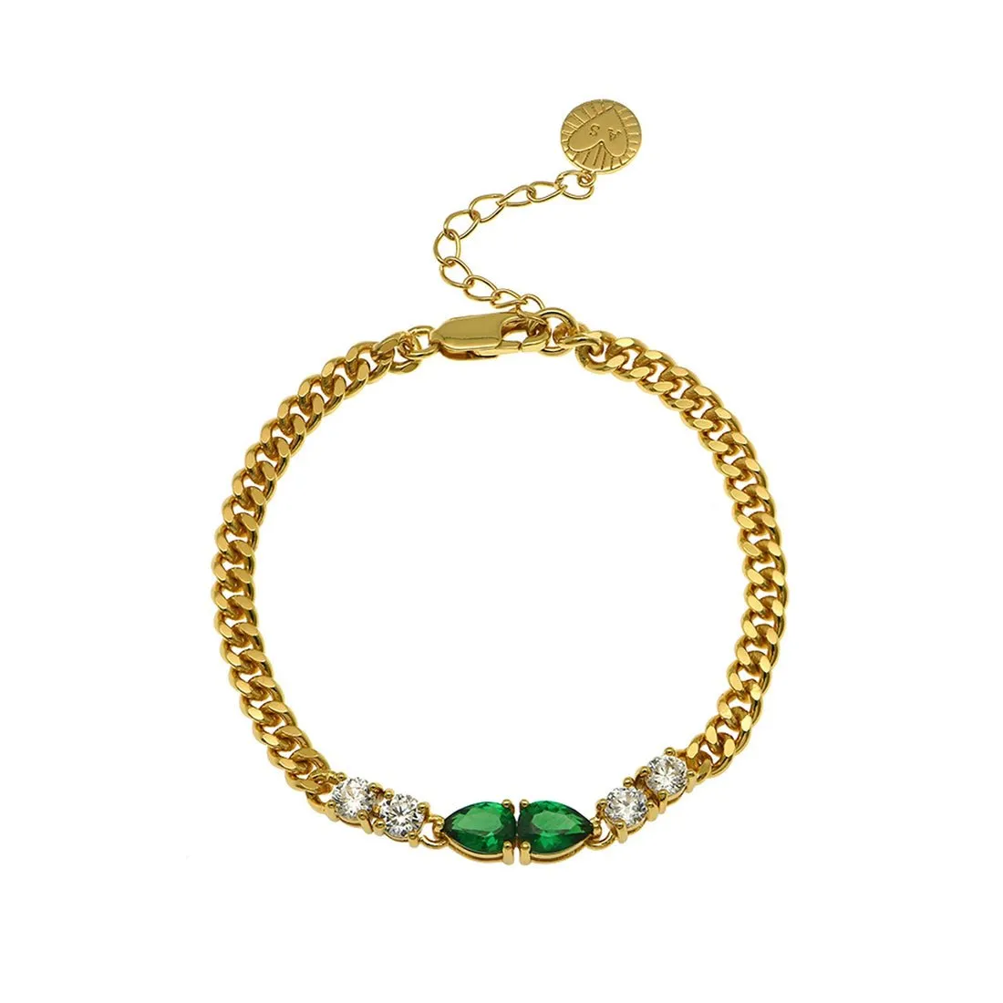 Sofia Teardrop Curb Chain Bracelet Emerald Green CZ and Gold